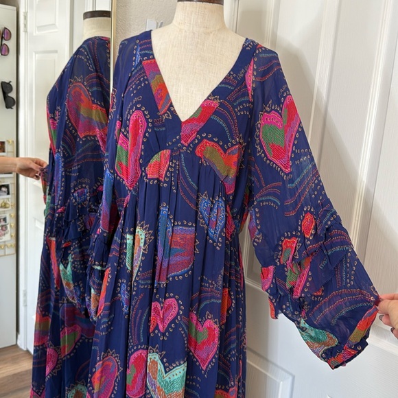 Farm Rio blue Shinny hearts print balloon sleeve maxi dress - Picture 11 of 16